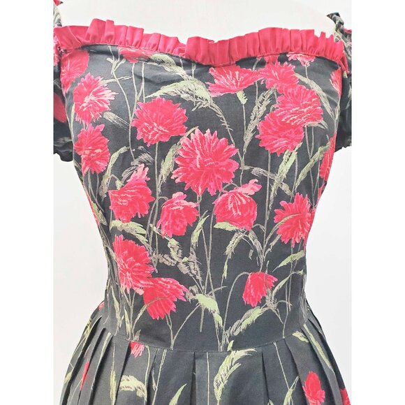 Vintage 1950s Womens Fit & Flare Red FLoral Black Cotton Pinup Party Dress - Picture 2 of 10